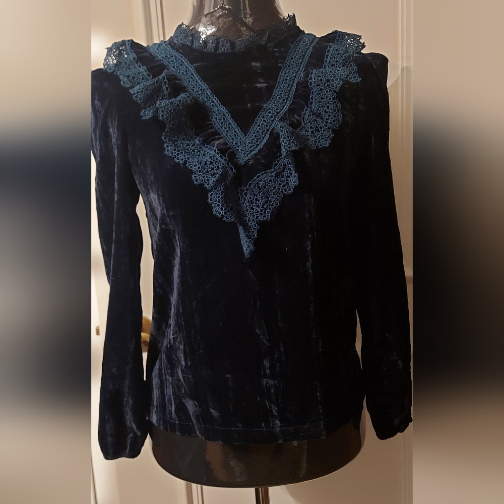 Crushed Velvet Lace Blouse Green Teal XS High Neck - Picture 2 of 13